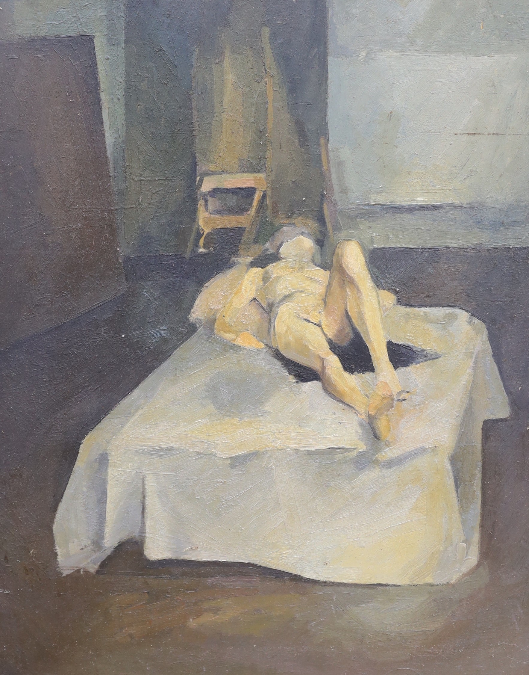 Keith John Tutt, three oils on board, Nudes in the studio, one inscribed verso, largest 77 x 62cm, unframed